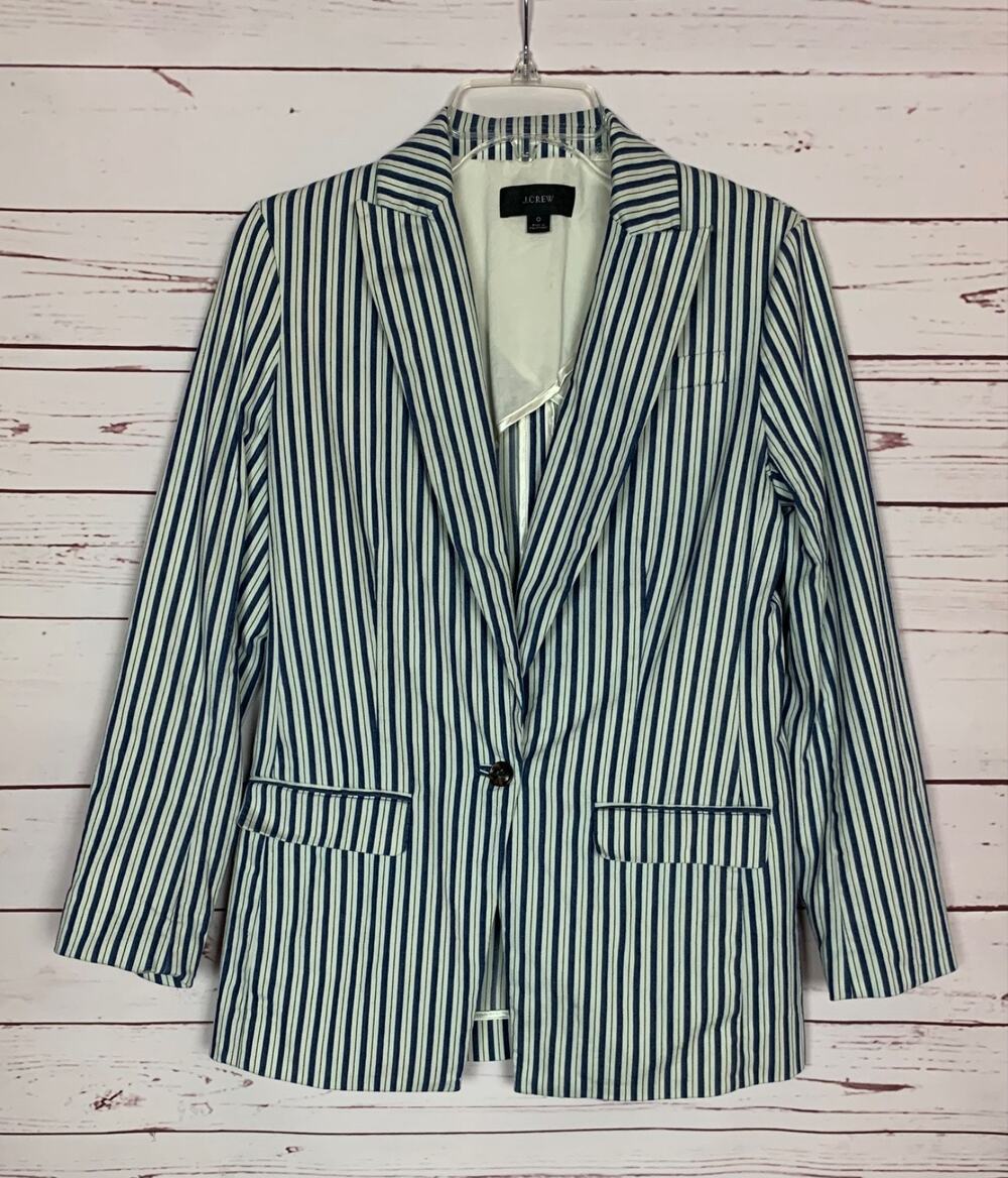 J.Crew Women’s Size 0 Blue Ivory Cream Willa Striped Cotton Button Jacket Blazer